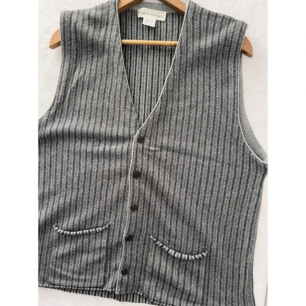 Vintage 90s Banana Republic Wool Knit Vest Men's Stripe Kurt Cobain Button Front